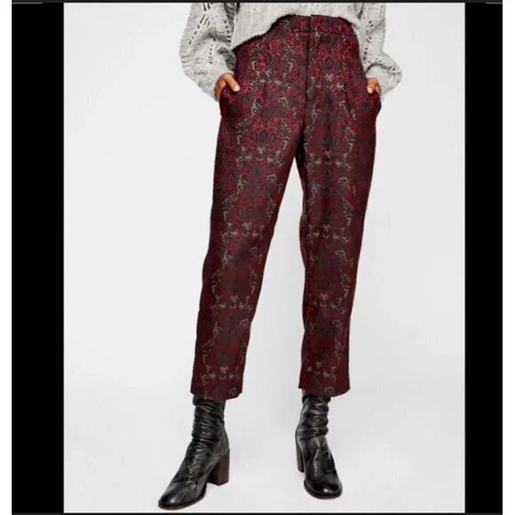 Free People High Waisted Pleated Front Cropped Brocade Jacquard Pants - Picture 8 of 8